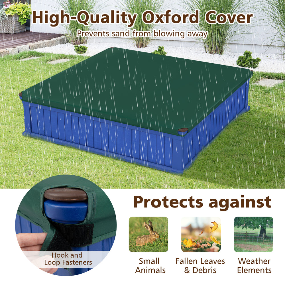 Kids outdoor sandbox with navy Oxford cover, featuring 4 corner seats, protects sand from weather elements and debris.