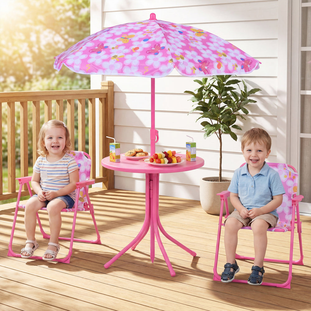 Kids Outdoor Table and Chair Set with 2 Folding Chairs and Height Adjustable Umbrella-Pink - Gallery View 1 of 10
