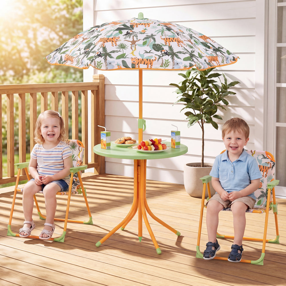 Kids Outdoor Table and Chair Set with 2 Folding Chairs and Height Adjustable Umbrella - Gallery View 2 of 10