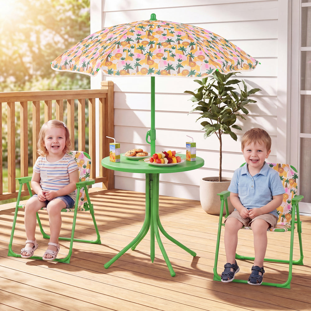 Kids Outdoor Table and Chair Set with 2 Folding Chairs and Height Adjustable Umbrella-Beige - Gallery View 1 of 10