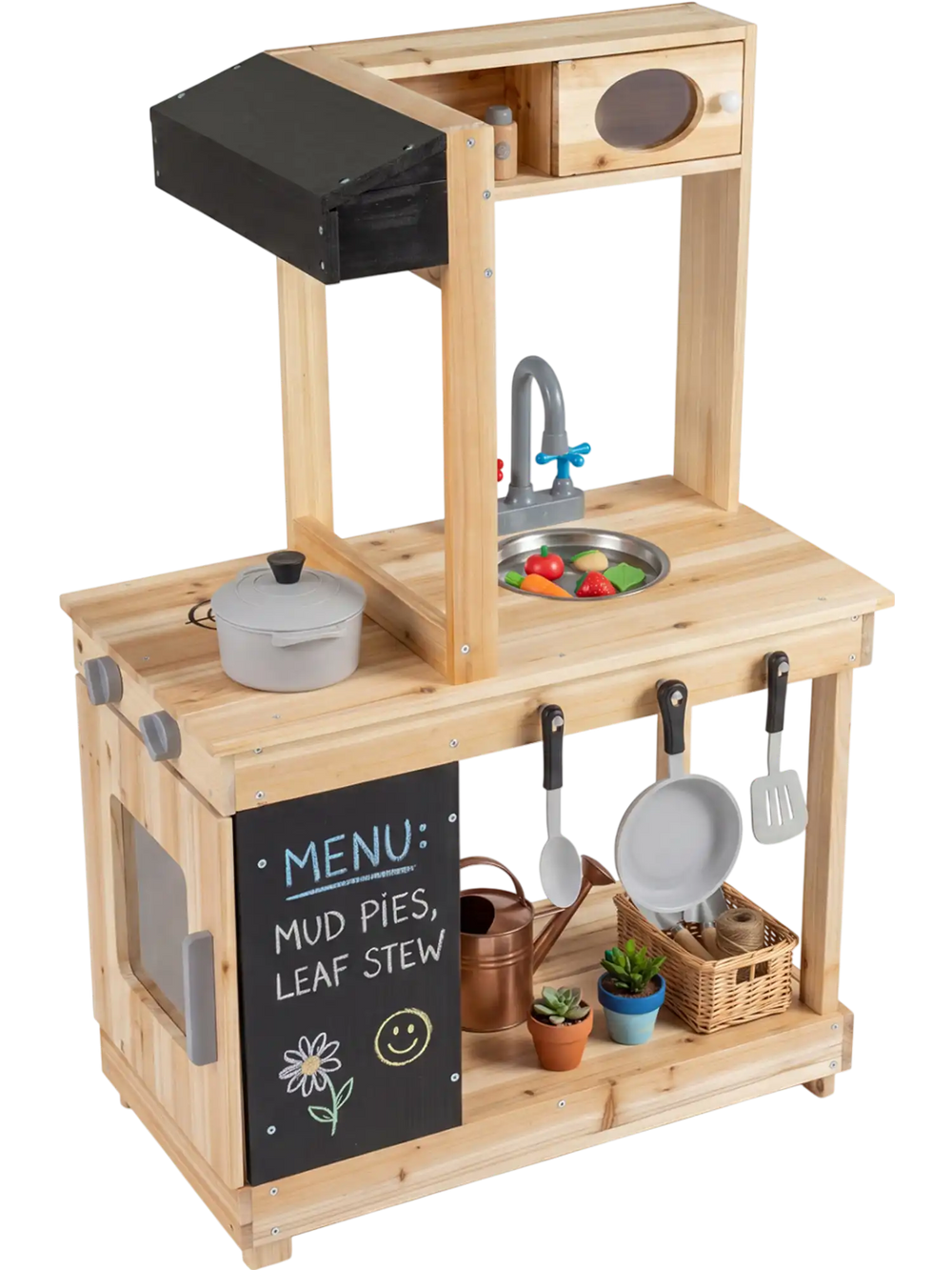 Kids outdoor wooden mud kitchen featuring a stove, sink, and chalkboard for creative play and storage convenience.
