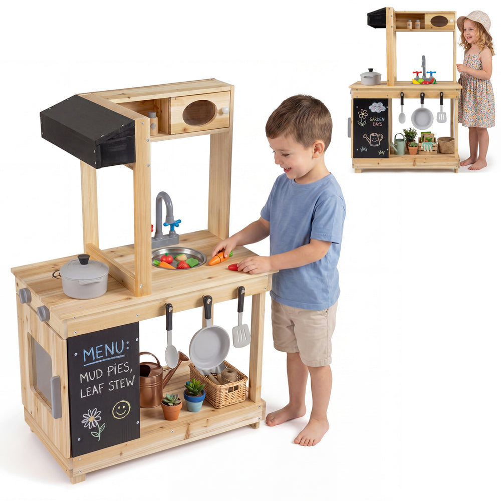 Kids outdoor wooden mud kitchen featuring a stove, sink, chalkboard, and storage for imaginative play with safe fir wood.