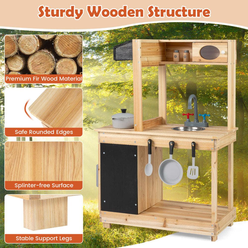 Kids outdoor wooden mud kitchen featuring a natural fir wood structure, stove, sink, and chalkboard for creative play.