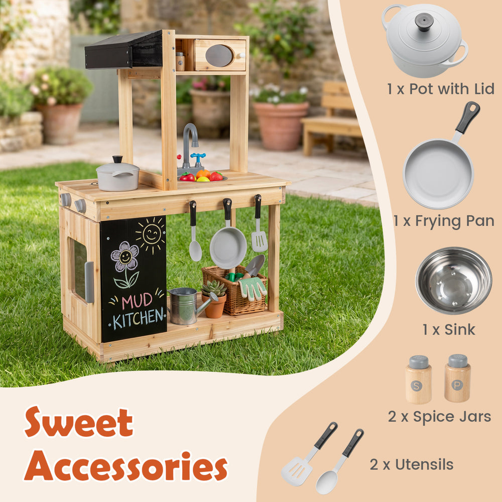 Kids outdoor wooden mud kitchen featuring a stove, sink, chalkboard, and organized utensils for imaginative play.
