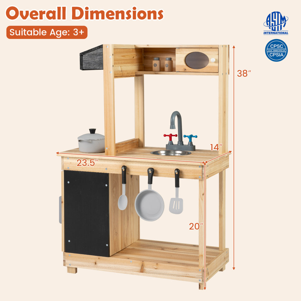 Kids outdoor wooden mud kitchen featuring a sink, stove, and chalkboard for creative play and storage convenience.