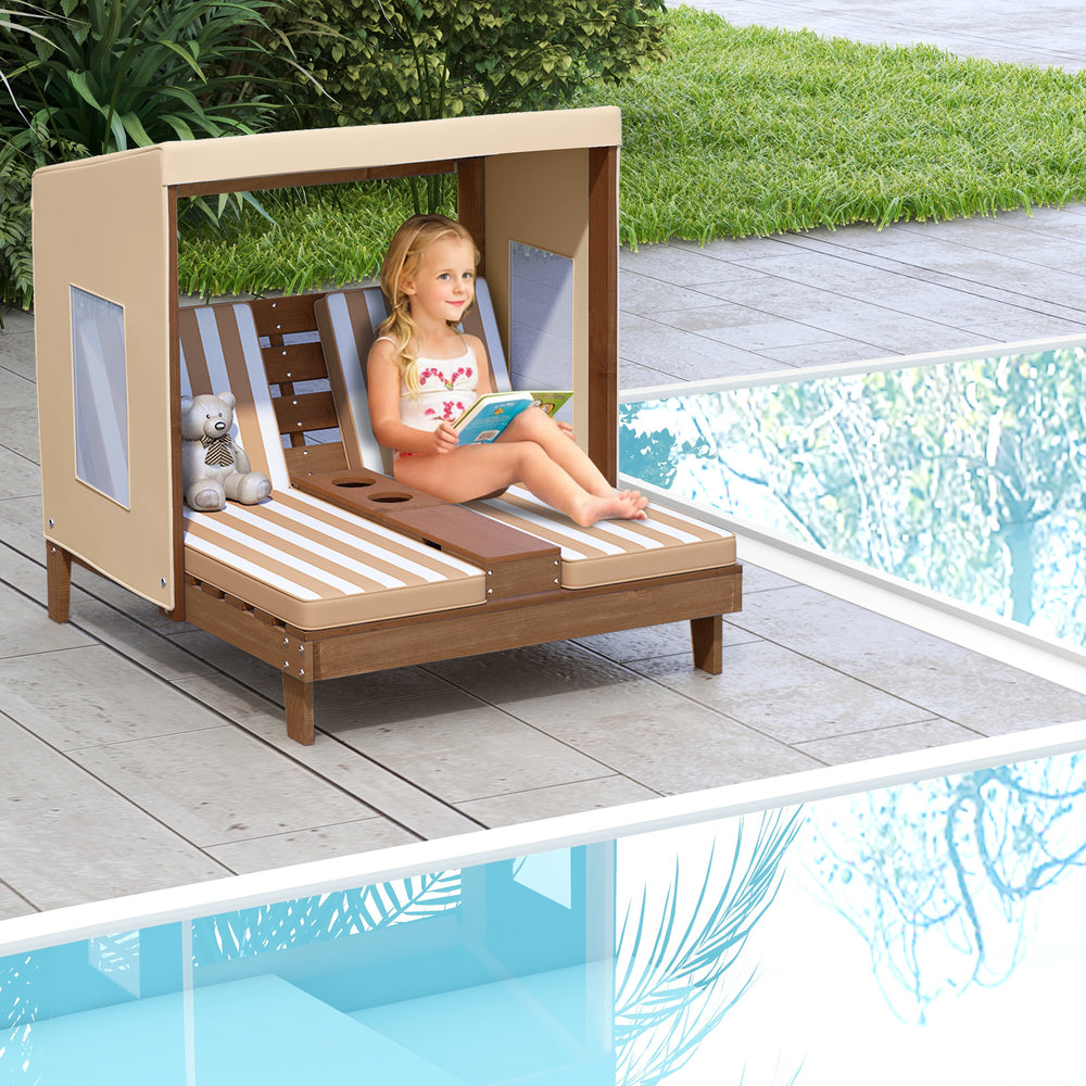 Kids Patio Lounge Chair with Cup Holders and Awning-Brown - Gallery View 1 of 8