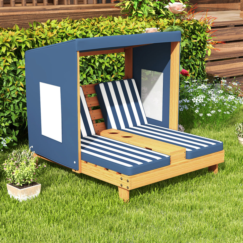 Kids Patio Lounge Chair with Cup Holders and Awning-Navy - Gallery View 1 of 11