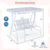 Kids patio swing 2-seater with adjustable canopy, white frame, and playful patterns, perfect for outdoor fun.