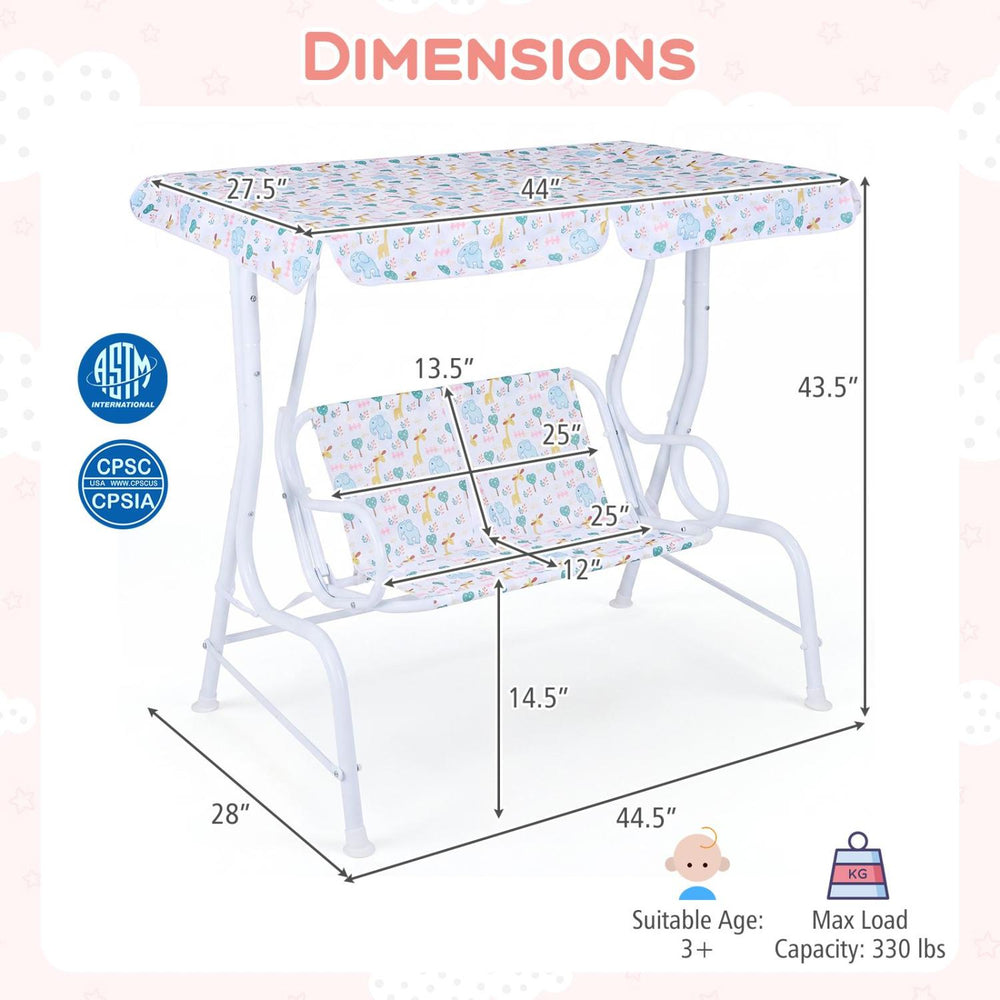 Kids patio swing 2-seater with adjustable canopy, white frame, and playful patterns, perfect for outdoor fun.