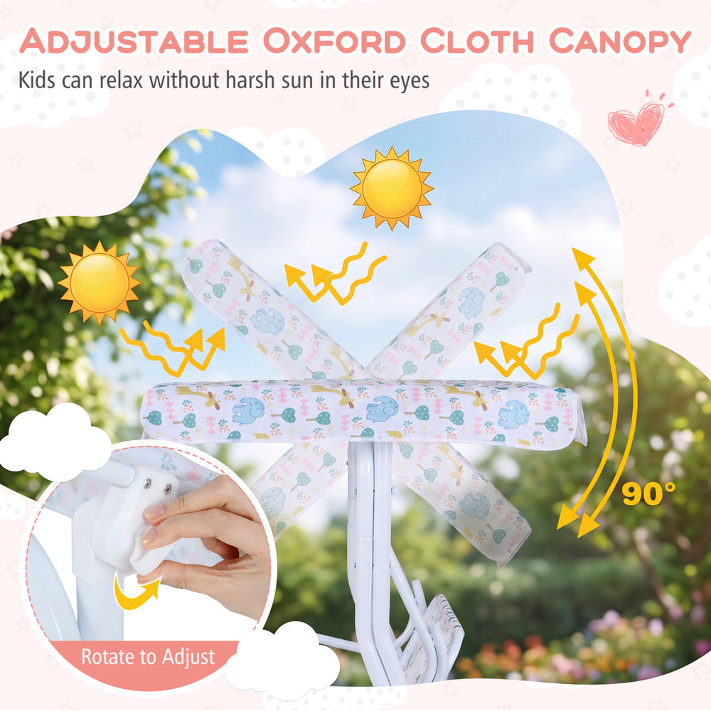 Kids patio swing with adjustable oxford cloth canopy, featuring a sturdy frame and safety belts for outdoor fun.