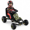 Kids pedal go-kart in green with steering wheel, gear shifter, and handbrake, designed for various surfaces.