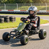 Kids pedal go-kart in green showcasing a high back seat and ergonomic design for comfort during outdoor rides.
