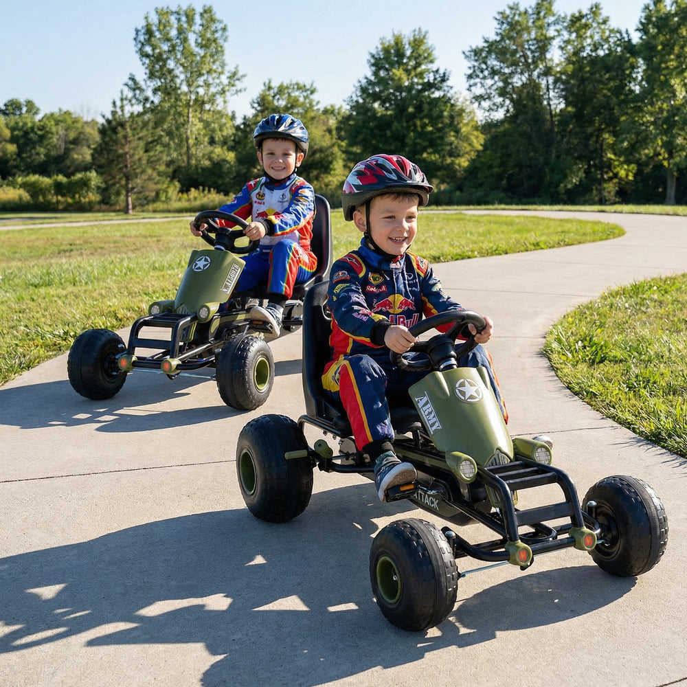 Kids pedal go-kart in green with steering wheel, gear shifter, and handbrake, perfect for outdoor fun on various.
