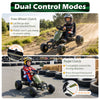 Kids pedal go-kart in green with steering wheel, gear shifter, and handbrake for safe outdoor fun on various surfaces.