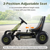 Kids pedal go-kart in green featuring a 2-position adjustable seat and large textured wheels for various surfaces.