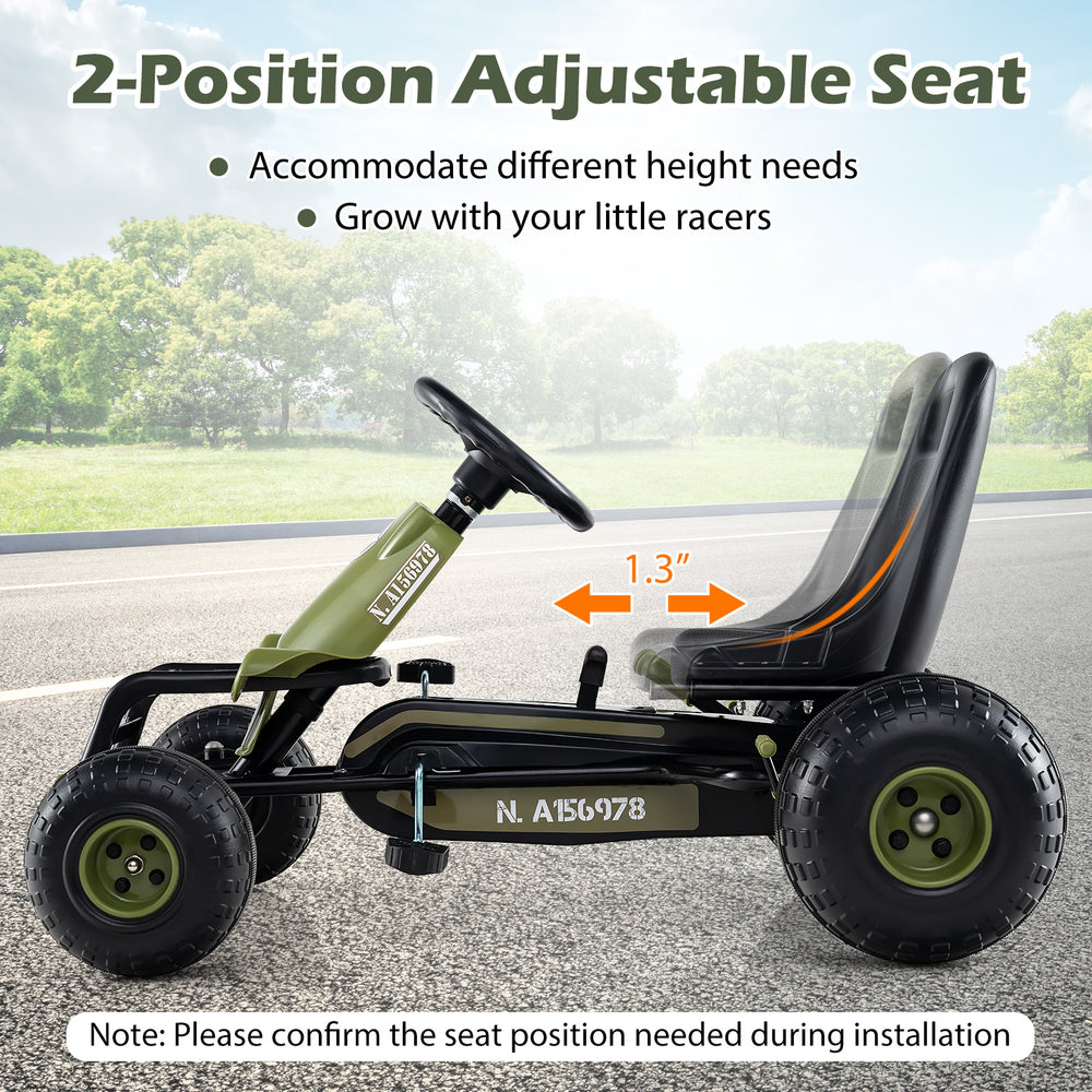 Kids pedal go-kart in green featuring a 2-position adjustable seat and large textured wheels for various surfaces.