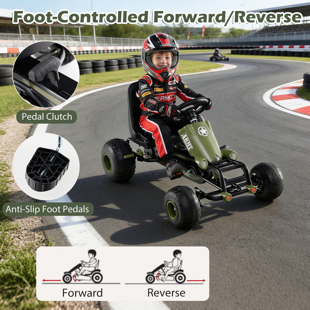 Kids pedal go-kart in green with anti-slip foot pedals, steering wheel, and gear shifter for outdoor fun.
