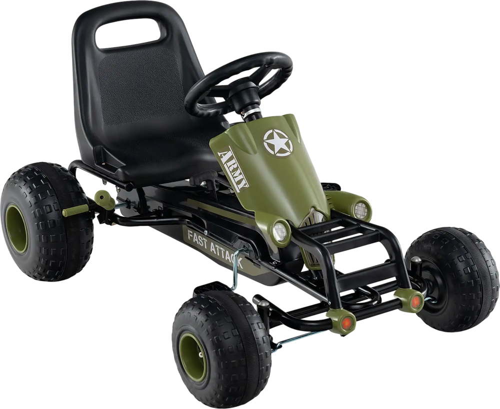 Kids pedal go-kart in green showcasing a side view of the large textured wheels and durable frame for safe outdoor.