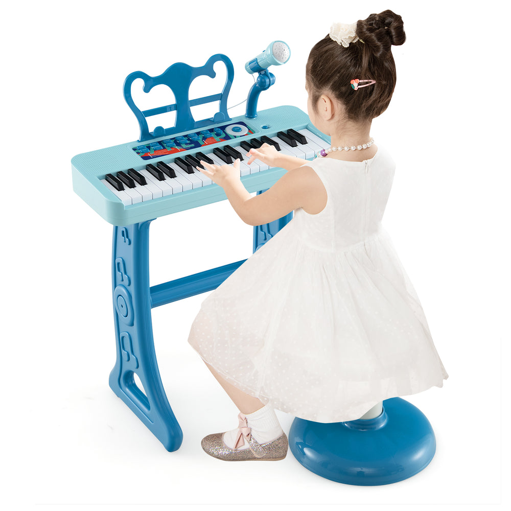 Kids piano keyboard in blue with 37 keys, microphone, and detachable legs, designed for children aged 3 and up.