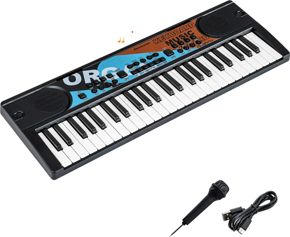Kids piano keyboard with 49 keys, 8 rhythms, and microphone for interactive music fun, designed for safety and.
