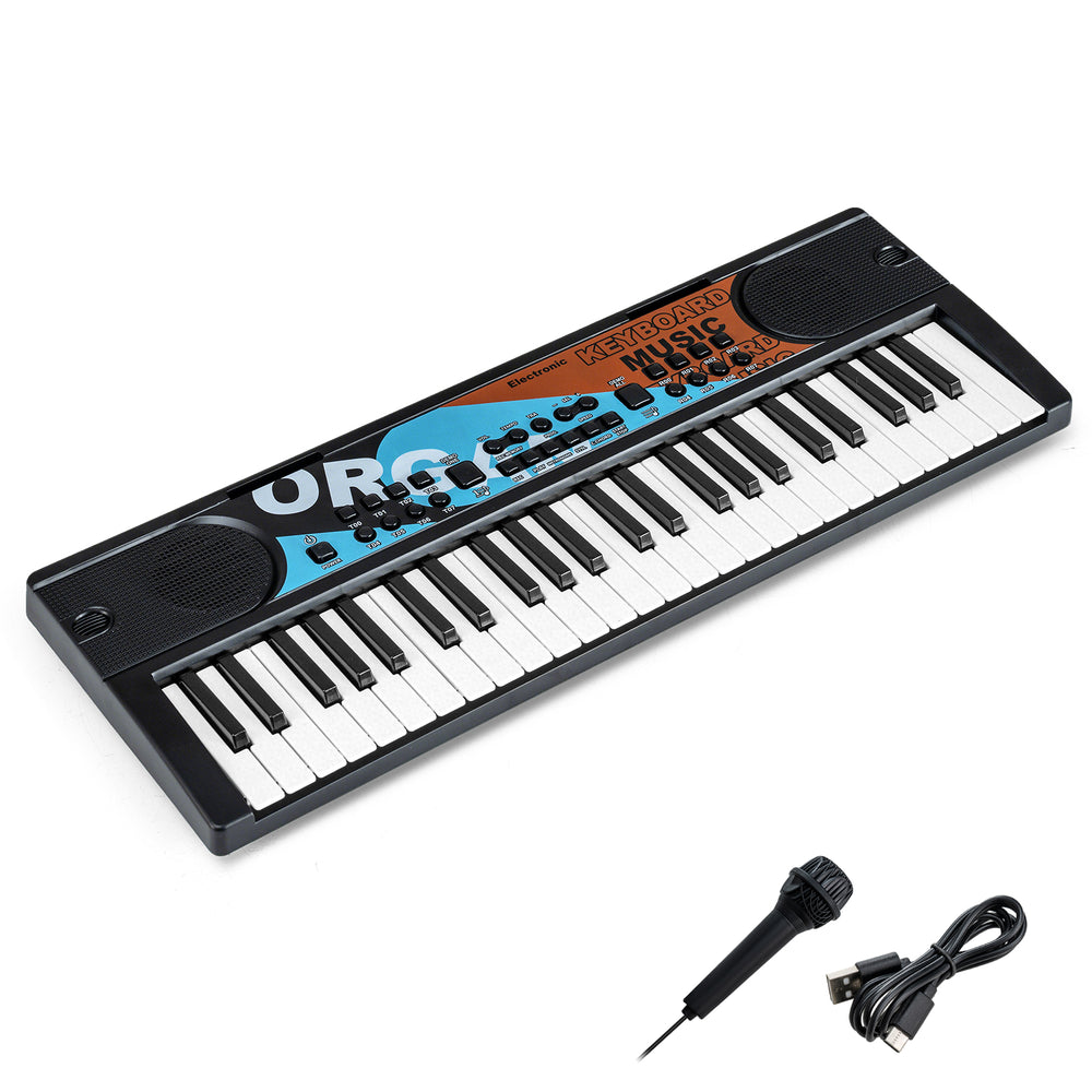 Kids piano keyboard with 49 keys, 8 rhythms, and included microphone for interactive music fun, perfect for travel.