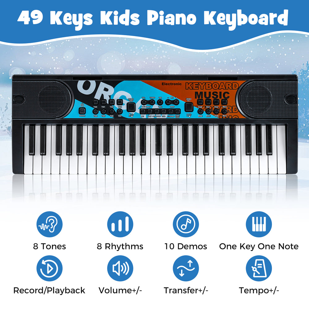 Kids piano keyboard with 49 keys, 8 rhythms, and 10 demos for engaging musical fun, perfect for home or travel.