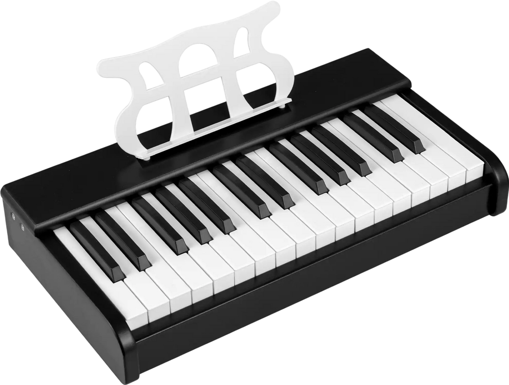Kids piano keyboard with 30 keys, black finish, music stand, designed for beginners aged 3+, promotes musical skills.
