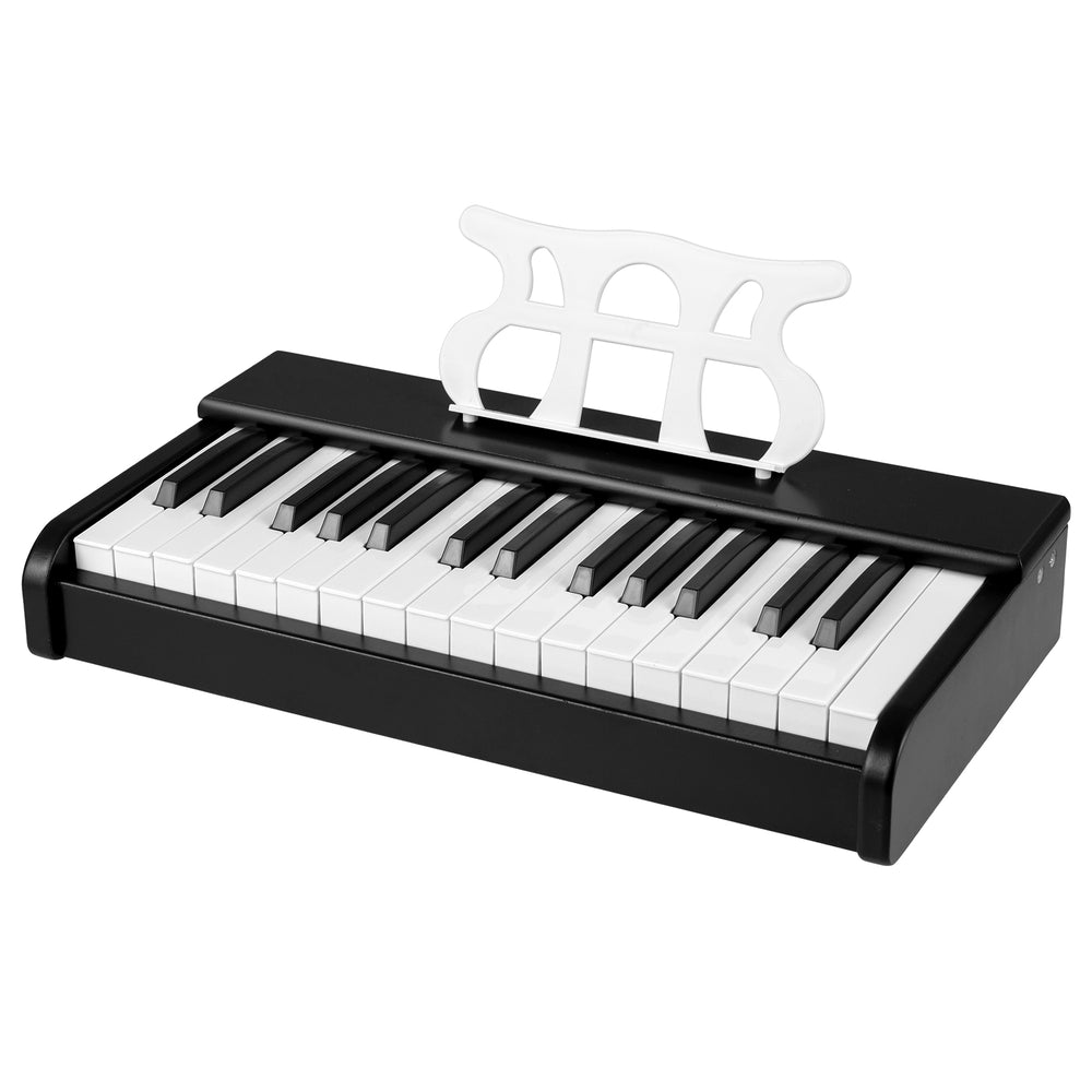 Kids piano keyboard with 30 keys, black finish, and music stand, designed for beginners aged 3 and up.