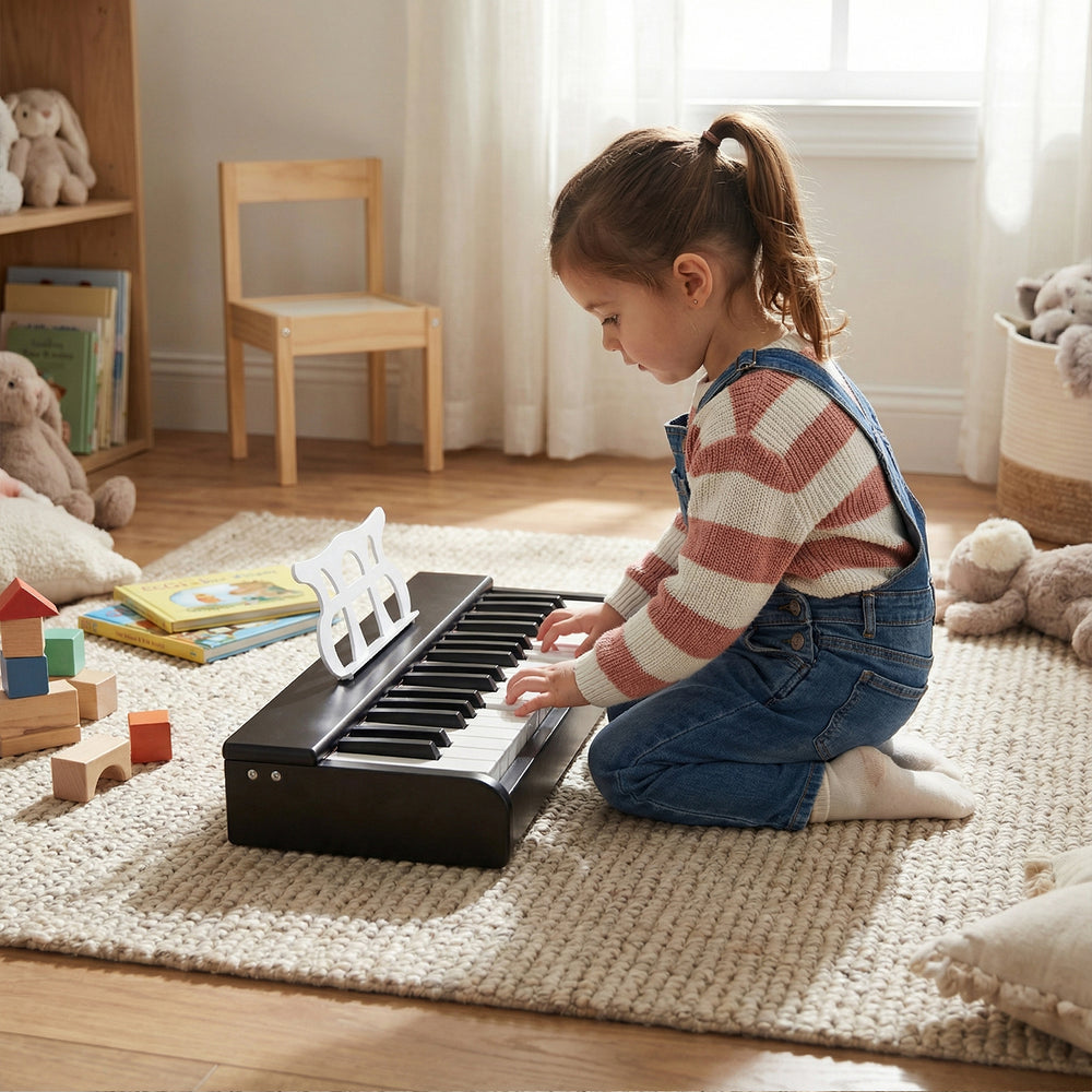 Kids piano keyboard with 30 keys, designed for beginners, promoting musical skills in a cozy playroom setting.