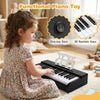 Kids piano keyboard in black with 30 keys and music stand, designed for beginners aged 3+, promotes musical skills.