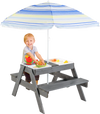 Gray kids picnic table set featuring a removable umbrella and spacious bench, ideal for outdoor fun and activities.