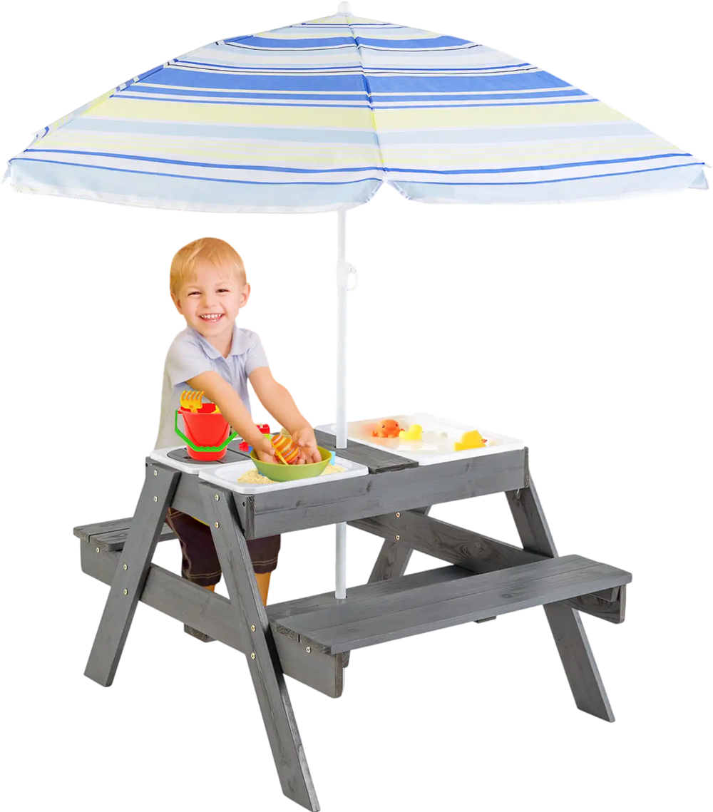 Gray kids picnic table set featuring a removable umbrella and spacious bench, ideal for outdoor fun and activities.