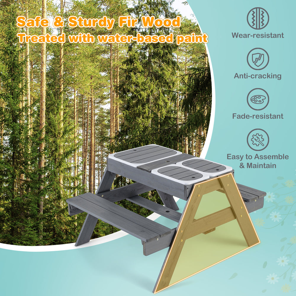 Kids picnic table set in gray with removable bins, made of fir wood, ideal for outdoor play and activities.