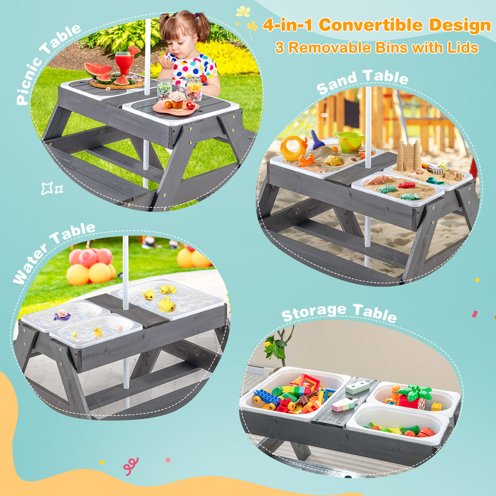 Kids picnic table set in gray with removable bins, convertible to sand, water, or storage table for outdoor fun.