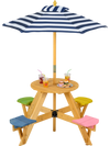 Kids picnic table set with stools and adjustable blue umbrella, perfect for outdoor play and gatherings.