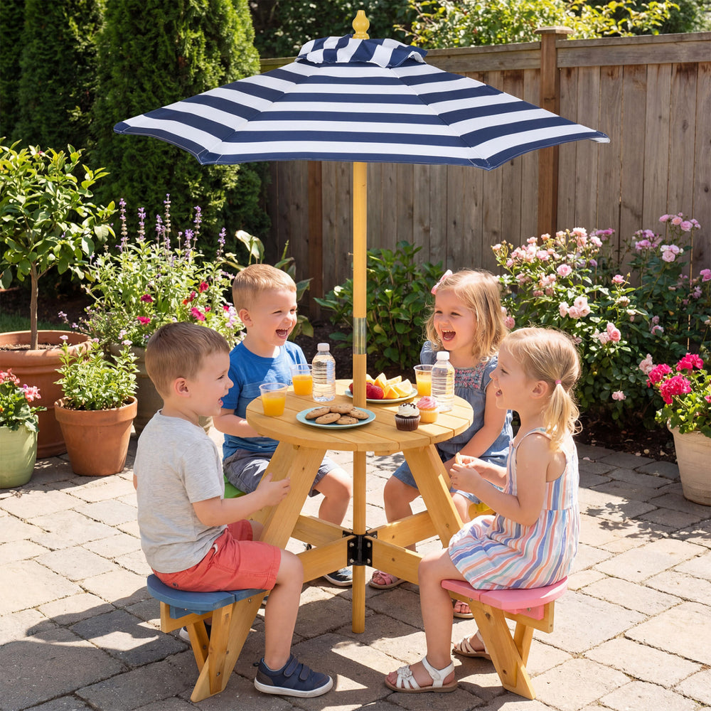 Kids picnic table set with stools and adjustable blue umbrella, perfect for outdoor play and gatherings in the backyard.