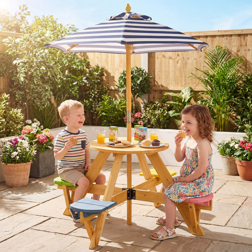 Kids picnic table set with stools and adjustable blue umbrella, perfect for outdoor play and dining in the backyard.