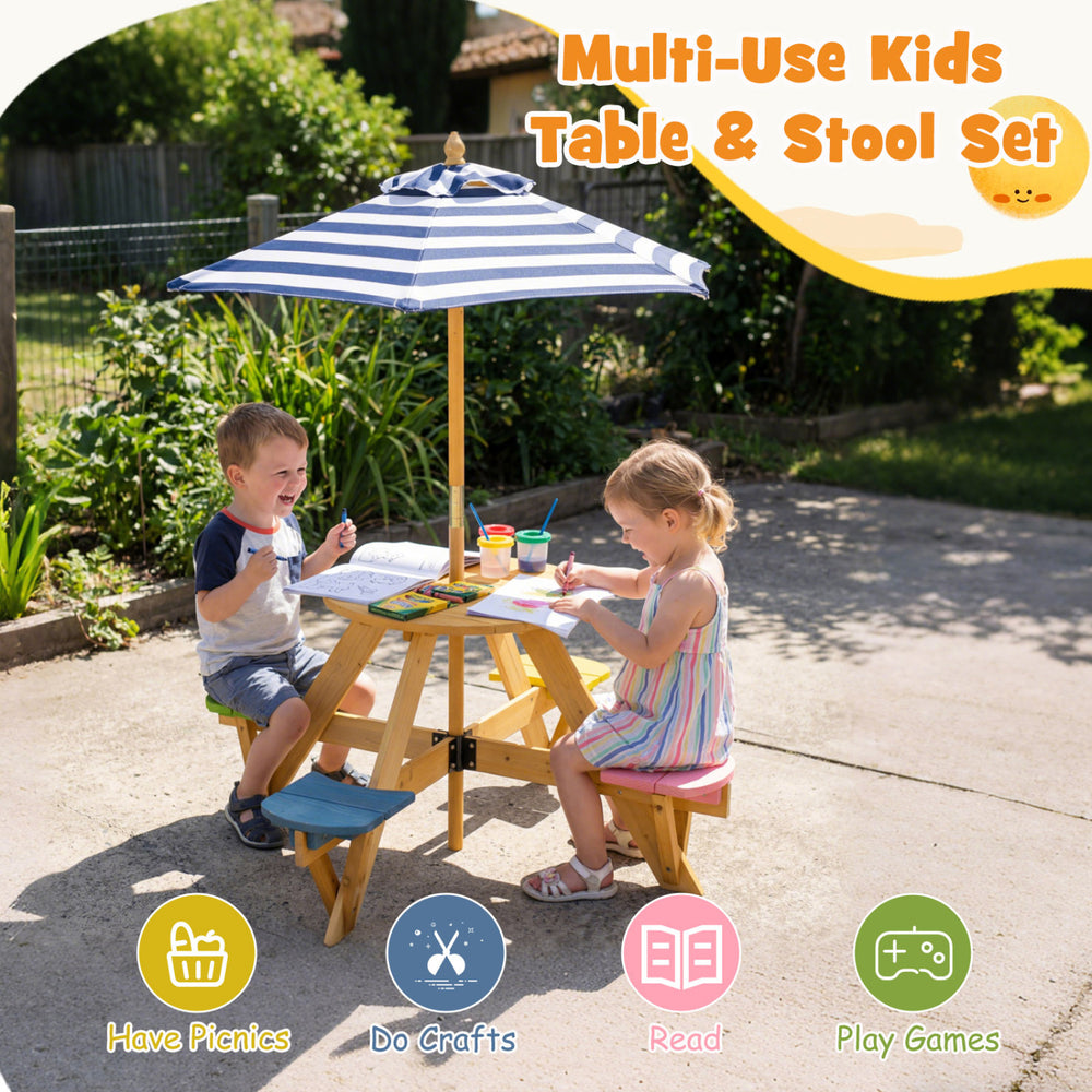 Kids picnic table and stool set with adjustable umbrella, made of durable wood, perfect for outdoor play and crafts.