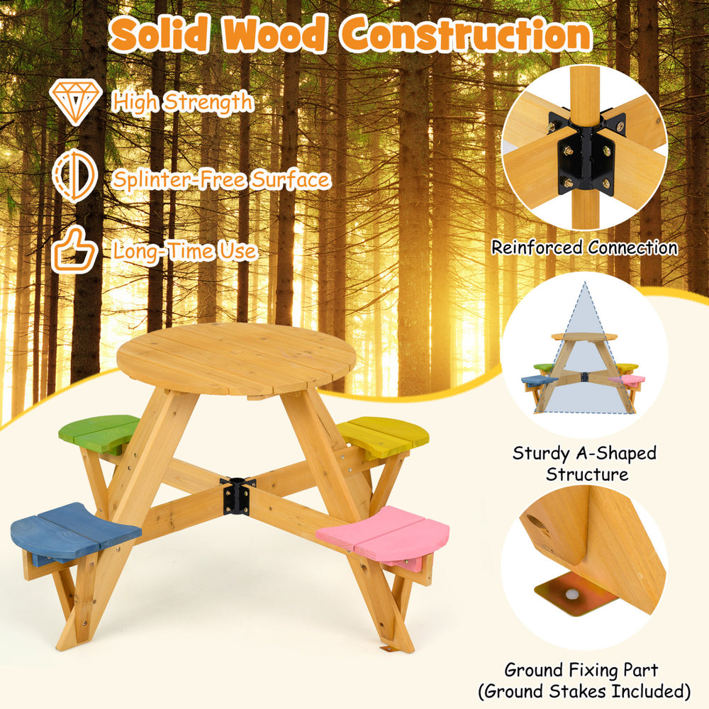 Kids picnic table set with stools, made of high-strength wood, features a foldable umbrella for outdoor fun.
