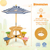 Kids picnic table with stools and adjustable blue umbrella, seating up to 4, made of durable wood for outdoor fun.