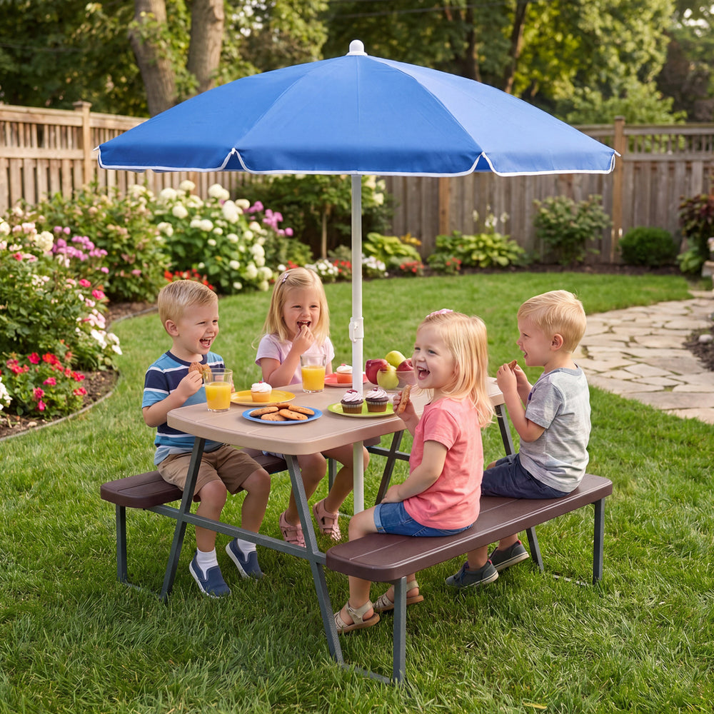 Kids picnic table with brown benches and a blue umbrella, perfect for outdoor play and activities for up to 4 children.
