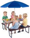 Kids picnic table with benches, brown HDPE surface, and adjustable umbrella, perfect for indoor and outdoor play.