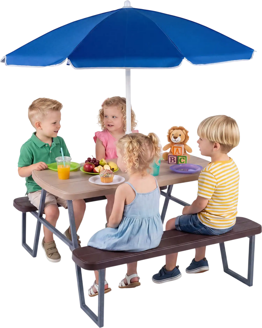 Kids picnic table with benches, brown HDPE surface, and adjustable umbrella, perfect for indoor and outdoor play.