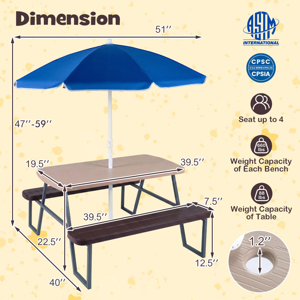 Kids picnic table with benches, brown HDPE top, foldable umbrella, seats up to 4, ideal for outdoor picnics and.