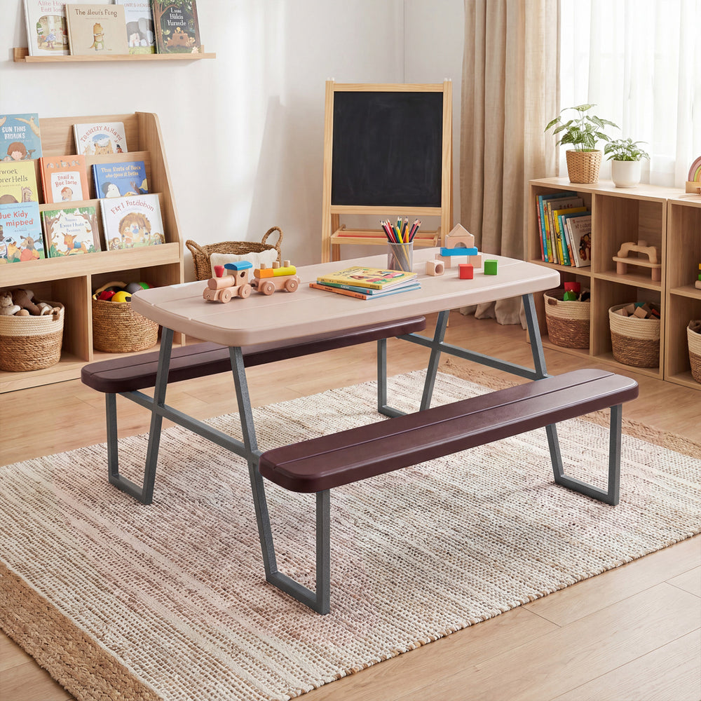 Kids picnic table with brown benches, featuring a durable HDPE top and metal frame, perfect for indoor and outdoor play.