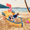 Kids playing in a wooden pirate boat sandbox with lifebuoy and rudder, perfect for outdoor fun and creativity.