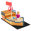 Kids pirate boat wooden sandbox with lifebuoy and rudder, featuring benches for storage, perfect for outdoor play.