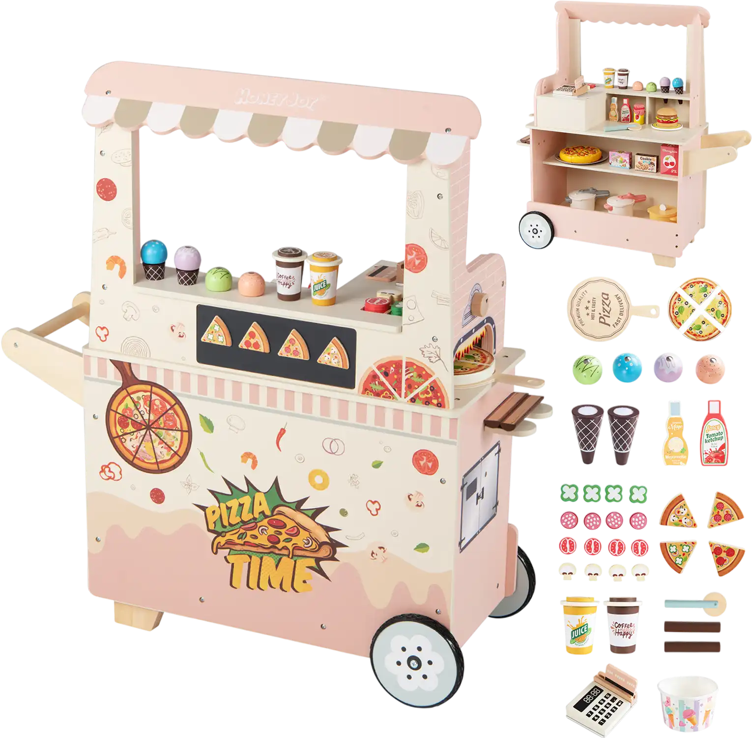 Costway Kids Wooden Pizza Food Truck Pretend Play Kitchen Snack Cart w/ Oven 91499435 New