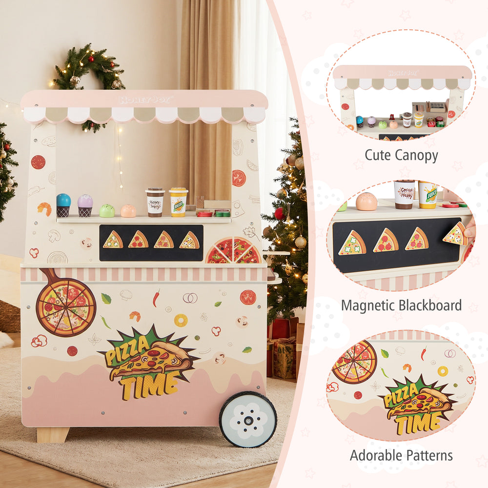 Kids pizza food truck wooden snack cart in pink with a magnetic blackboard and realistic pizza-making tools for.