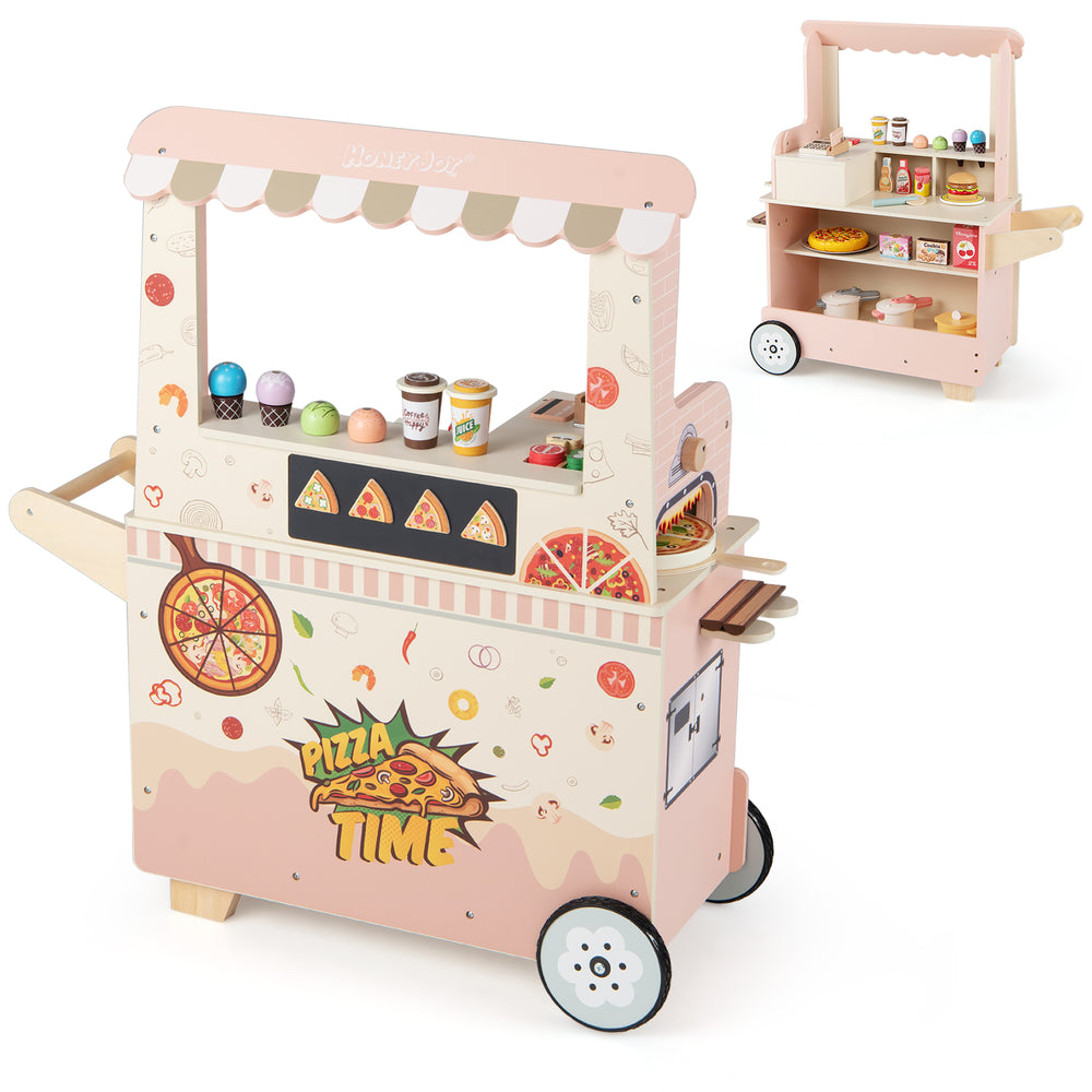 Kids pizza food truck wooden pretend play cart in pink with oven, includes 40 accessories for imaginative cooking fun.